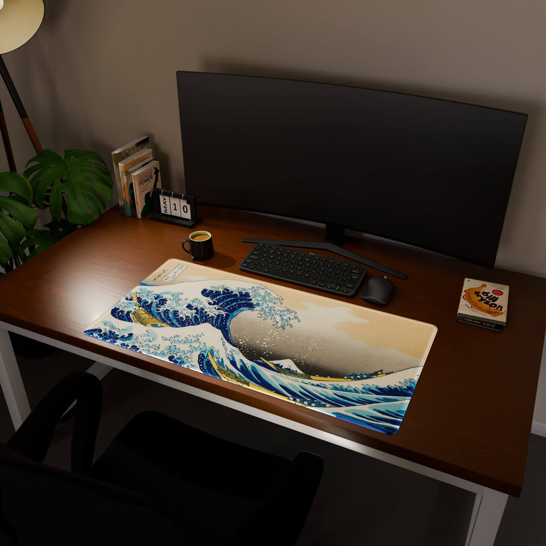 Full desktop view featuring an ultra-wide 100x50CM-39.3x19.6in desk mat with the Great Wave of Kanagawa design. Offering excellent desk protection and space, this oversized mat is ideal for multi-monitor setups or users requiring vast movement freedom.