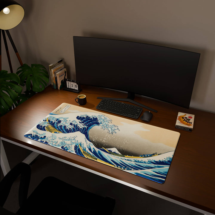 Full desktop view featuring an extra-large 120x60CM-47x23.6in desk mat with the Great Wave of Kanagawa design. This maximum coverage mat transforms your entire desk surface into a unified, high-performance area, perfect for demanding users and full-desk setups.