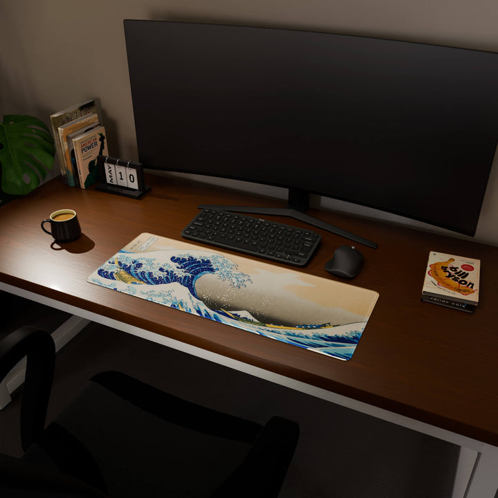 Full desktop view featuring a practical 80x30CM-31.4x11.8in extended desk mat with the Great Wave of Kanagawa design. It provides an extended surface for both mouse and keyboard, ideal for users needing more horizontal space without overwhelming their desk.