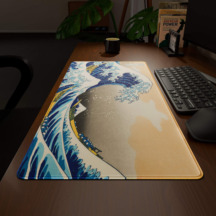 Wide angled view of a complete desk setup, featuring a 90x40CM / 35x15.7in desk mat with the captivating the Great Wave of Kanagawa design. This extra-large mousepad seamlessly integrates into any workspace, providing a cohesive and productive environment.