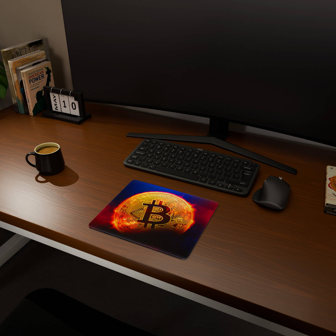 Full desktop view featuring a compact 29x25CM-11.4x9.8in mousepad with 'Bitcoin' design, inspired by crypto and blockchain technology. This space-saving mousepad offers a comfortable and smooth area for essential mouse movement, ideal for small or minimalist desks.