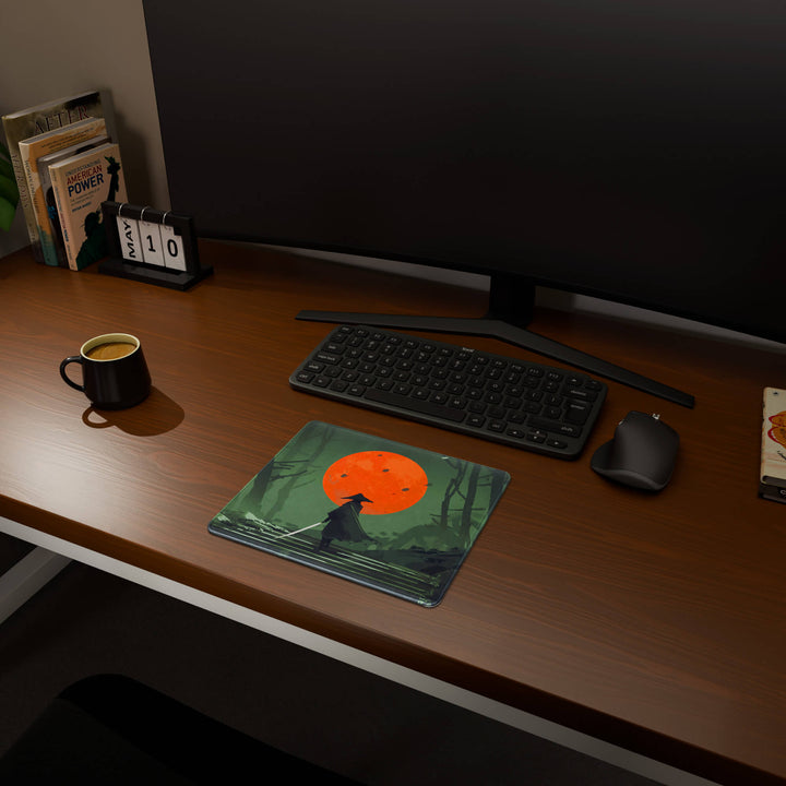 Full desktop view featuring a compact 29x25CM-11.4x9.8in mousepad with 'Blood Moon Samurai' design, inspired by dark fantasy samurai art. This space-saving mousepad offers a comfortable and smooth area for essential mouse movement, ideal for small or minimalist desks.