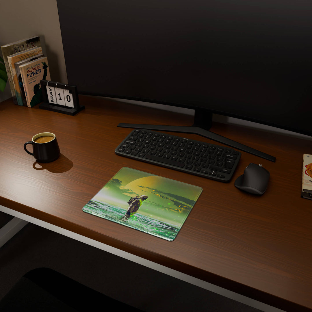 Full desktop view featuring a compact 29x25CM-11.4x9.8in mousepad with 'Cosmic Explorer' design, inspired by cyberpunk and sci-fi space art. This space-saving mousepad offers a comfortable and smooth area for essential mouse movement, ideal for small or minimalist desks.