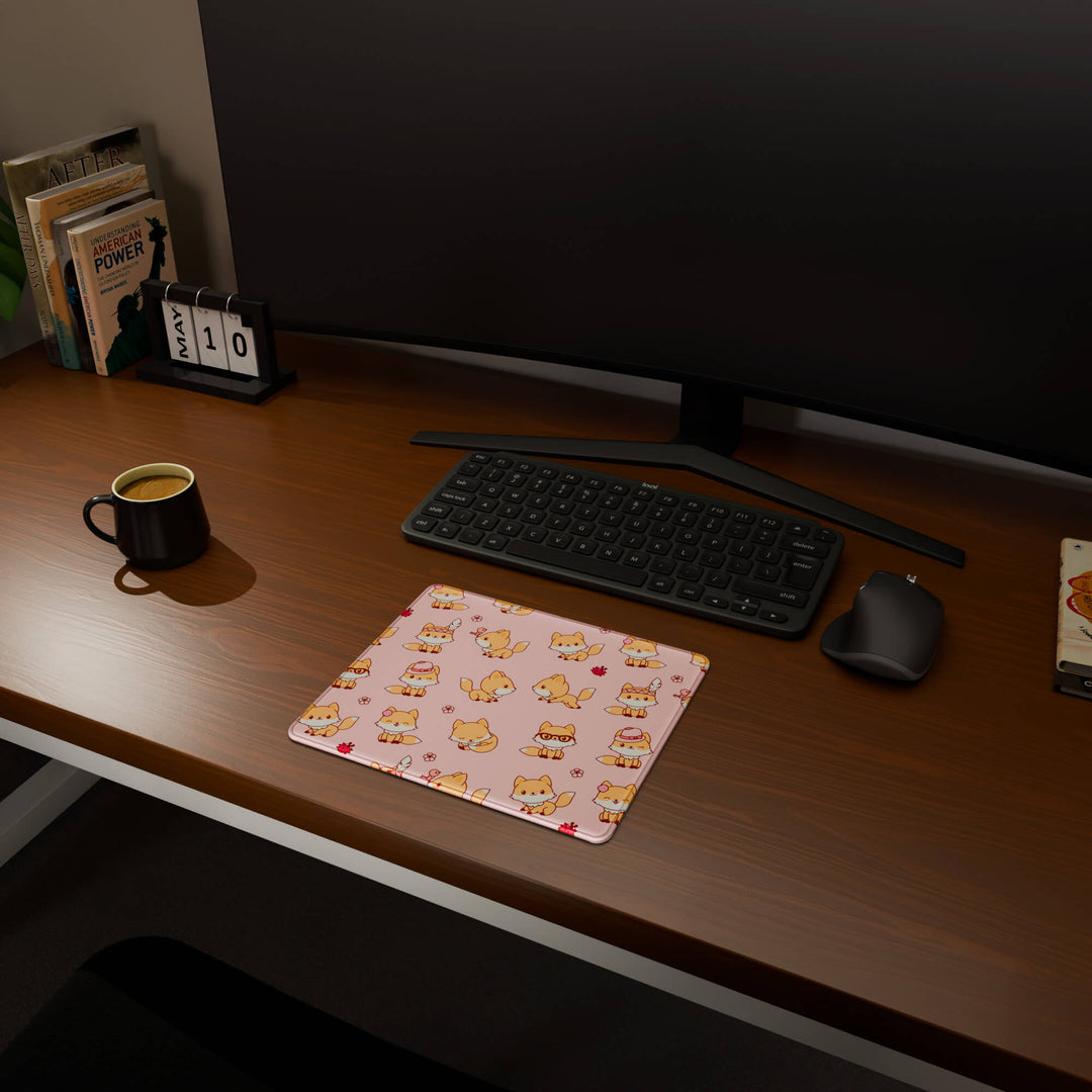 Full desktop view featuring a compact 29x25CM-11.4x9.8in mousepad with 'Kawaii Fox' design, inspired by cute kawaii pink animal art. This space-saving mousepad offers a comfortable and smooth area for essential mouse movement, ideal for small or minimalist desks.