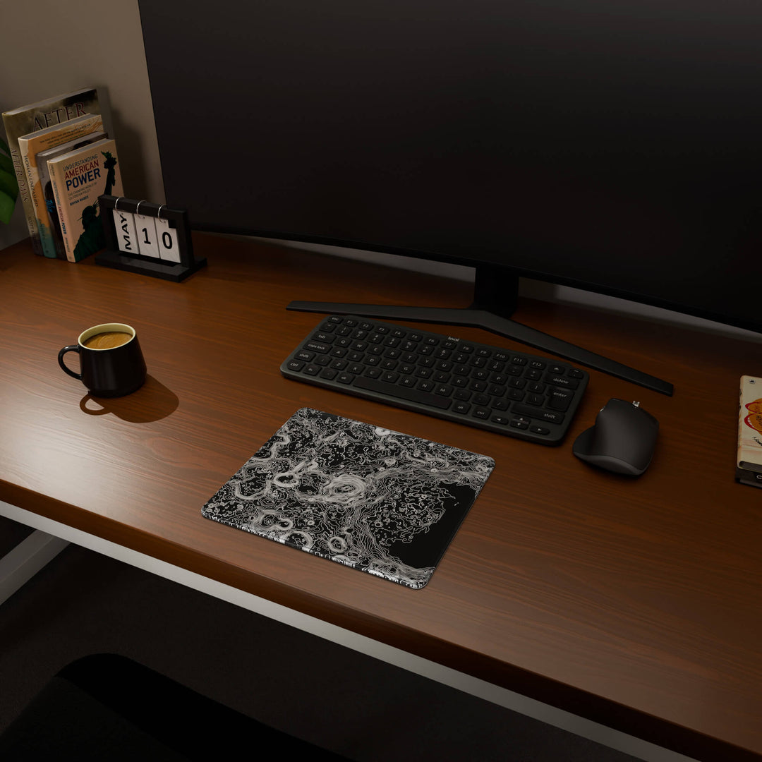 Full desktop view featuring a compact 29x25CM-11.4x9.8in mousepad with 'Lunar Topographic' design, inspired by minimalist lunar surface art. This space-saving mousepad offers a comfortable and smooth area for essential mouse movement, ideal for small or minimalist desks.