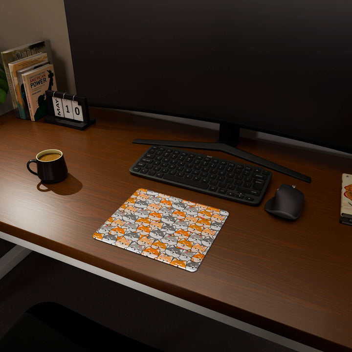 Full desktop view featuring a compact 29x25CM-11.4x9.8in mousepad with 'Miniature Pups' design, inspired by a cute kawaii dog pattern. This space-saving mousepad offers a comfortable and smooth area for essential mouse movement, ideal for small or minimalist desks.