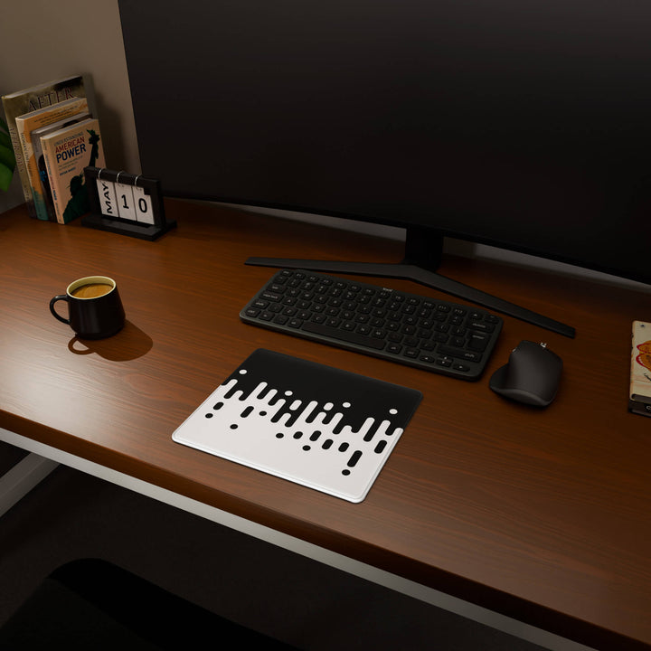 Full desktop view featuring a compact 29x25CM-11.4x9.8in mousepad with 'Monochrome Drip' design, inspired by black and white minimalist art. This space-saving mousepad offers a comfortable and smooth area for essential mouse movement, ideal for small or minimalist desks.