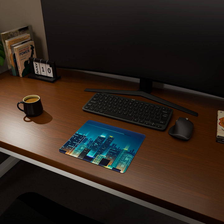 Full desktop view featuring a compact 29x25CM-11.4x9.8in mousepad with 'Neon City' design, inspired by cyberpunk cityscape art. This space-saving mousepad offers a comfortable and smooth area for essential mouse movement, ideal for small or minimalist desks.