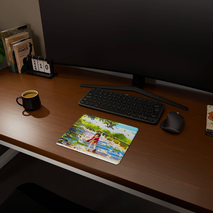 Full desktop view featuring a compact 29x25CM-11.4x9.8in mousepad with 'Peaceful Lofi Girl' design, inspired by lofi and scenic anime art. This space-saving mousepad offers a comfortable and smooth area for essential mouse movement, ideal for small or minimalist desks.