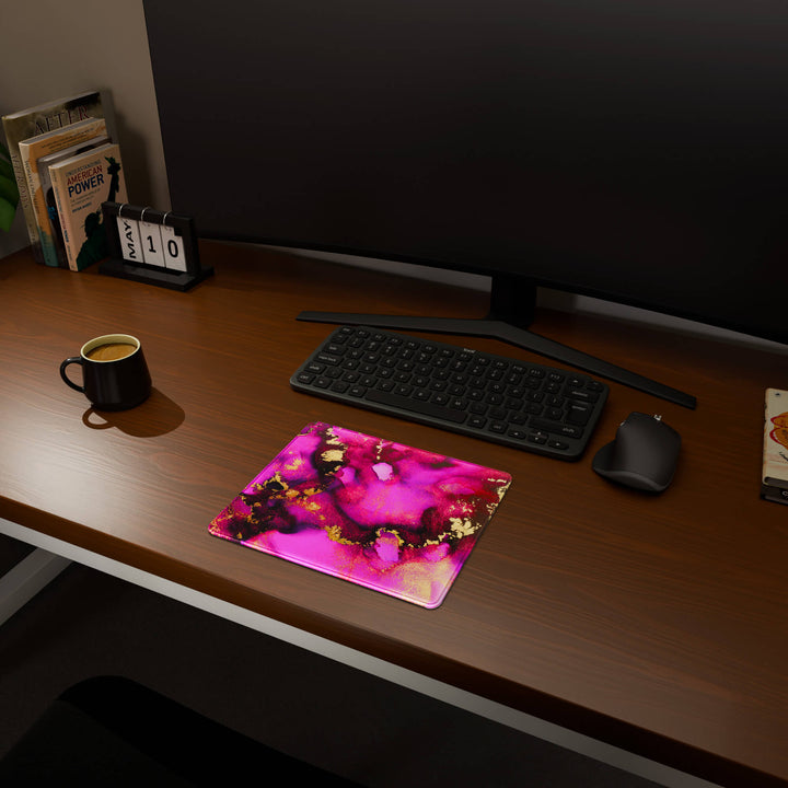 Full desktop view featuring a compact 29x25CM-11.4x9.8in mousepad with 'Pink & Gold' design, inspired by pink and gold alcohol ink art. This space-saving mousepad offers a comfortable and smooth area for essential mouse movement, ideal for small or minimalist desks.