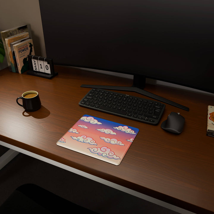 Full desktop view featuring a compact 29x25CM-11.4x9.8in mousepad with 'Sunset Clouds' design, inspired by Naruto and vibrant Japanese anime art. This space-saving mousepad offers a comfortable and smooth area for essential mouse movement, ideal for small or minimalist desks.
