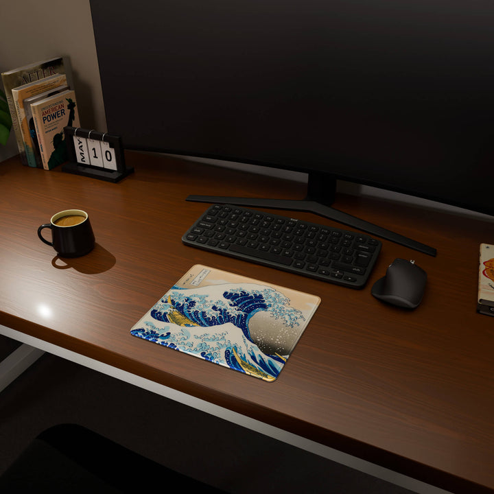 Full desktop view featuring a compact 29x25CM-11.4x9.8in mousepad with the Great Wave of Kanagawa design. This space-saving mousepad offers a comfortable and smooth area for essential mouse movement, ideal for small or minimalist desks.