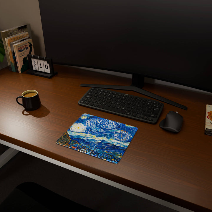 Full desktop view featuring a compact 29x25CM-11.4x9.8in mousepad with 'The Starry Night' design, inspired by Van Gogh classic art. This space-saving mousepad offers a comfortable and smooth area for essential mouse movement, ideal for small or minimalist desks.