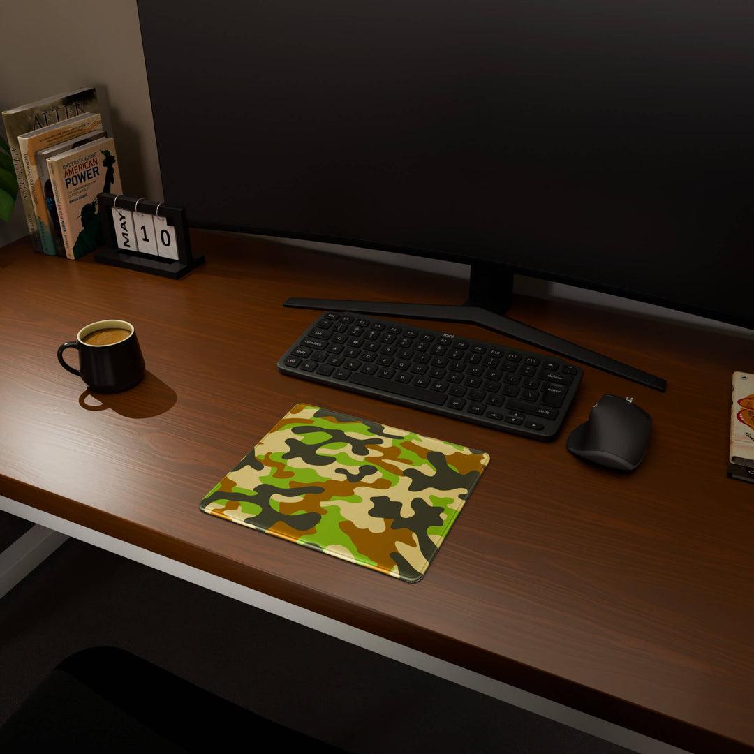 Full desktop view featuring a compact 29x25CM-11.4x9.8in mousepad with 'Woodland Camo' design, inspired by a classic woodland camouflage pattern. This space-saving mousepad offers a comfortable and smooth area for essential mouse movement, ideal for small or minimalist desks.