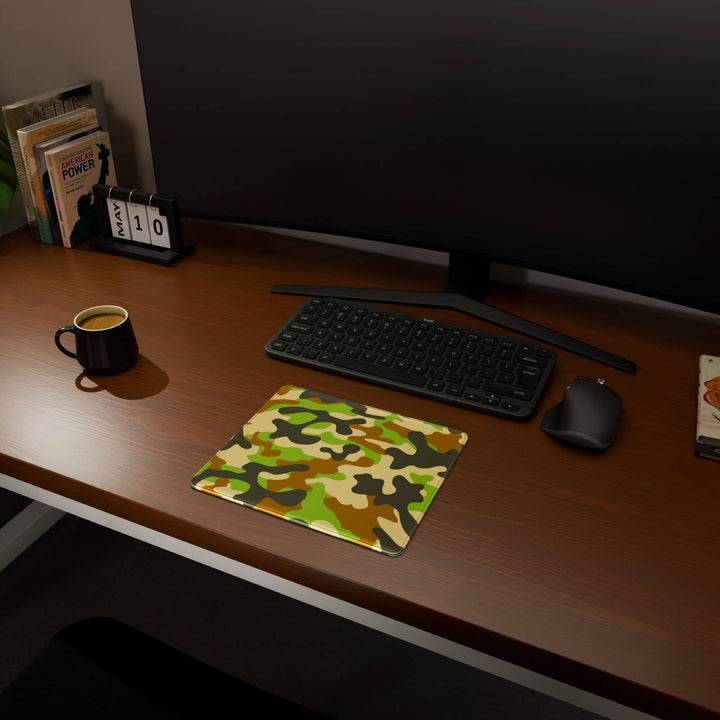 Full desktop view featuring a compact 29x25CM-11.4x9.8in mousepad with 'Woodland Camo' design, inspired by a classic woodland camouflage pattern. This space-saving mousepad offers a comfortable and smooth area for essential mouse movement, ideal for small or minimalist desks.