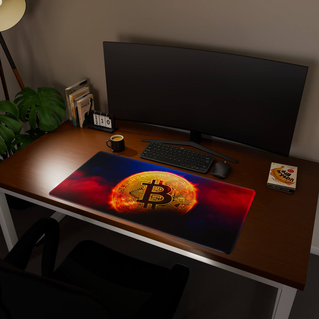 Full desktop view featuring an ultra-wide 100x50CM-39.3x19.6in large mouse pad / desk mat with 'Bitcoin' design, inspired by crypto and blockchain technology. Offering excellent desk protection and space, this oversized mat is ideal for multi-monitor setups or users requiring vast movement freedom.