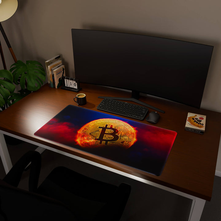 Full desktop view featuring an ultra-wide 100x50CM-39.3x19.6in large mouse pad / desk mat with 'Bitcoin' design, inspired by crypto and blockchain technology. Offering excellent desk protection and space, this oversized mat is ideal for multi-monitor setups or users requiring vast movement freedom.
