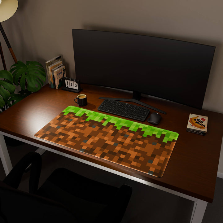 Full desktop view featuring an ultra-wide 100x50CM-39.3x19.6in large mouse pad / desk mat with 'Blocks' design. Offering excellent desk protection and space, this oversized mat is ideal for multi-monitor setups or users requiring vast movement freedom.