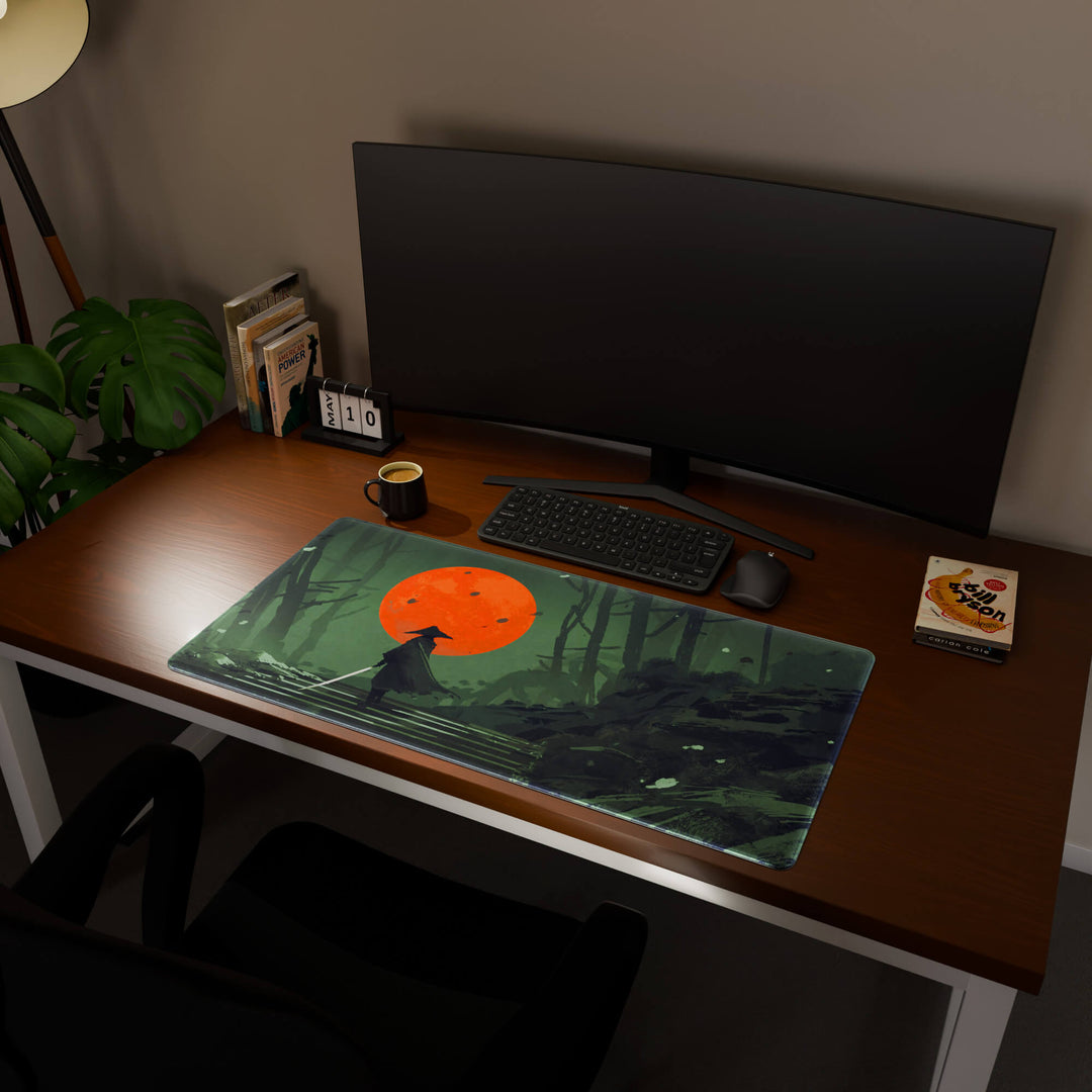 Full desktop view featuring an ultra-wide 100x50CM-39.3x19.6in large mouse pad / desk mat with 'Blood Moon Samurai' design, inspired by dark fantasy samurai art. Offering excellent desk protection and space, this oversized mat is ideal for multi-monitor setups or users requiring vast movement freedom.