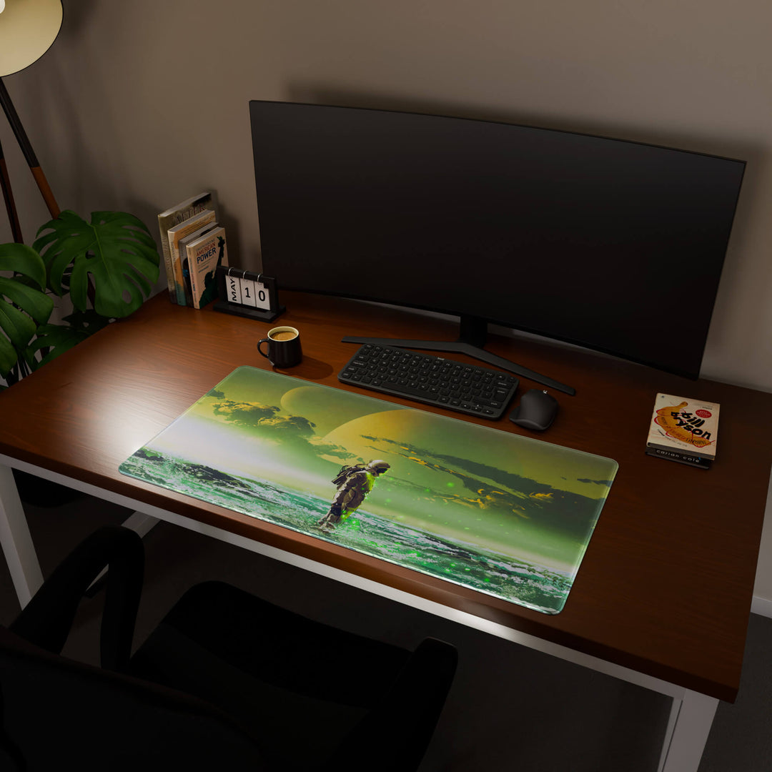 Full desktop view featuring an ultra-wide 100x50CM-39.3x19.6in large mouse pad / desk mat with 'Cosmic Explorer' design, inspired by cyberpunk and sci-fi space art. Offering excellent desk protection and space, this oversized mat is ideal for multi-monitor setups or users requiring vast movement freedom.