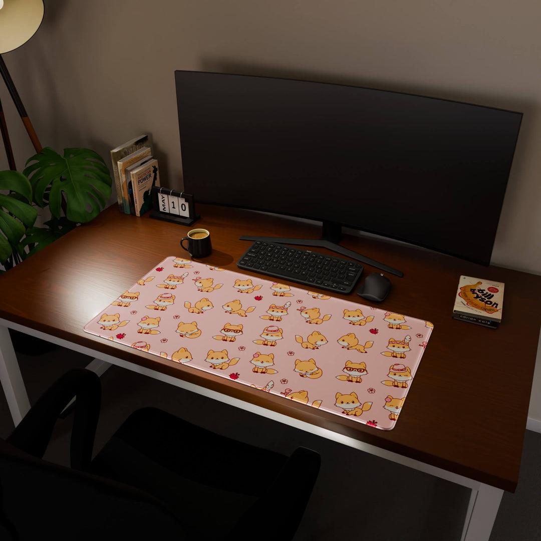 Full desktop view featuring an ultra-wide 100x50CM-39.3x19.6in large mouse pad / desk mat with 'Kawaii Fox' design, inspired by cute kawaii pink animal art. Offering excellent desk protection and space, this oversized mat is ideal for multi-monitor setups or users requiring vast movement freedom.