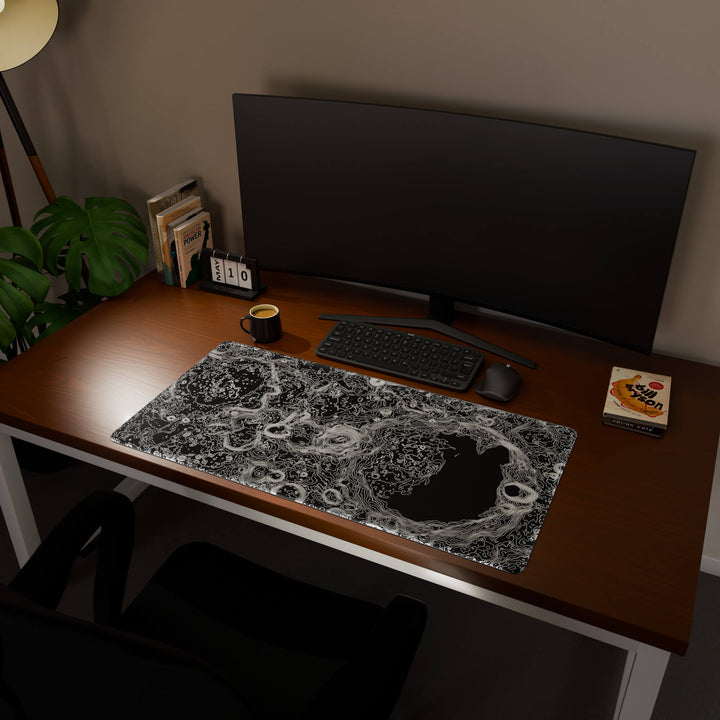 Full desktop view featuring an ultra-wide 100x50CM-39.3x19.6in large mouse pad / desk mat with 'Lunar Topographic' design, inspired by minimalist lunar surface art. Offering excellent desk protection and space, this oversized mat is ideal for multi-monitor setups or users requiring vast movement freedom.