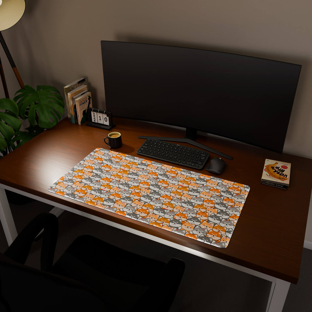 Full desktop view featuring an ultra-wide 100x50CM-39.3x19.6in large mouse pad / desk mat with 'Miniature Pups' design, inspired by a cute kawaii dog pattern. Offering excellent desk protection and space, this oversized mat is ideal for multi-monitor setups or users requiring vast movement freedom.
