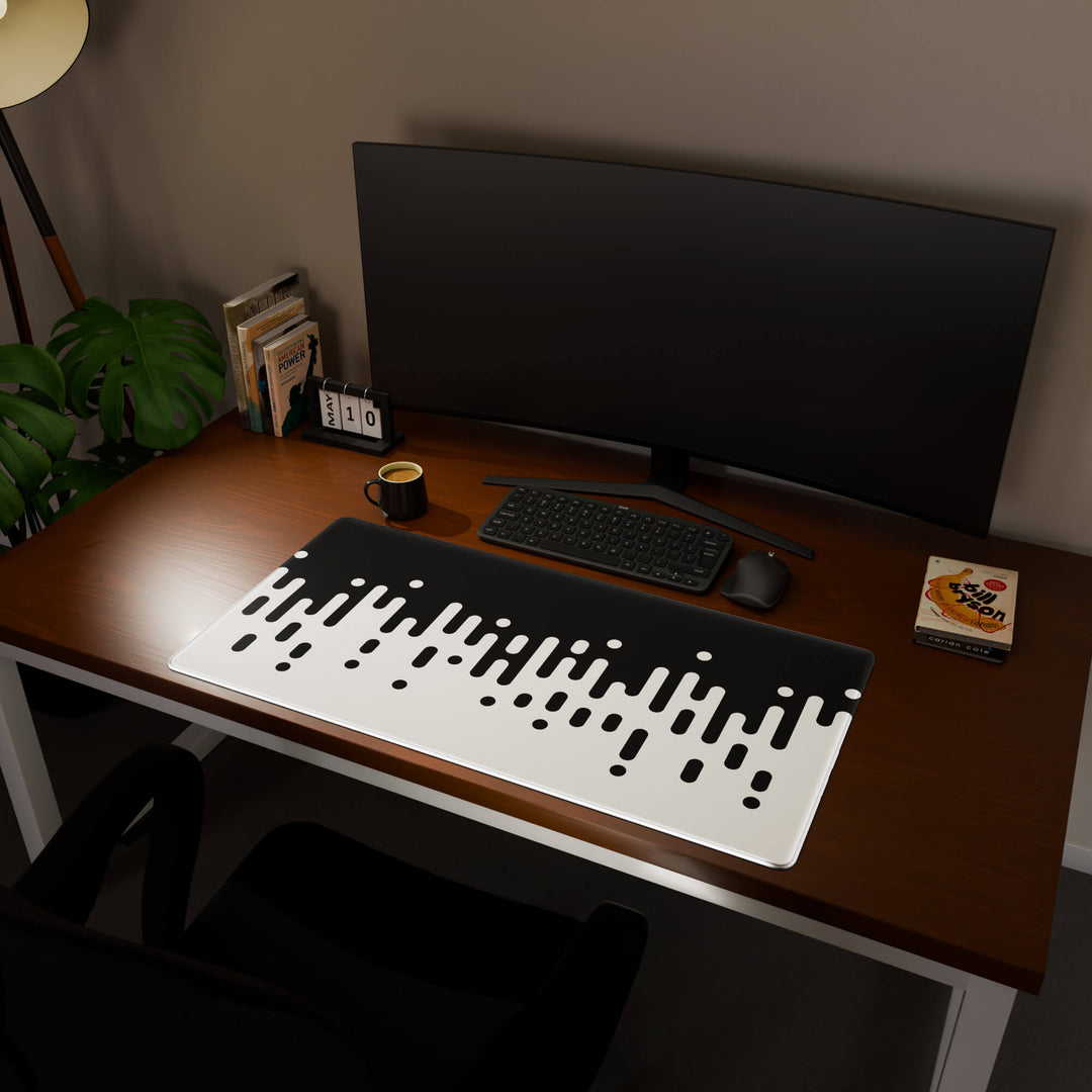 Full desktop view featuring an ultra-wide 100x50CM-39.3x19.6in large mouse pad / desk mat with 'Monochrome Drip' design, inspired by black and white minimalist art. Offering excellent desk protection and space, this oversized mat is ideal for multi-monitor setups or users requiring vast movement freedom.