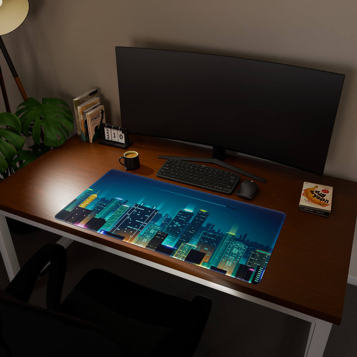 Full desktop view featuring an ultra-wide 100x50CM-39.3x19.6in large mouse pad / desk mat with 'Neon City' design, inspired by cyberpunk cityscape art. Offering excellent desk protection and space, this oversized mat is ideal for multi-monitor setups or users requiring vast movement freedom.