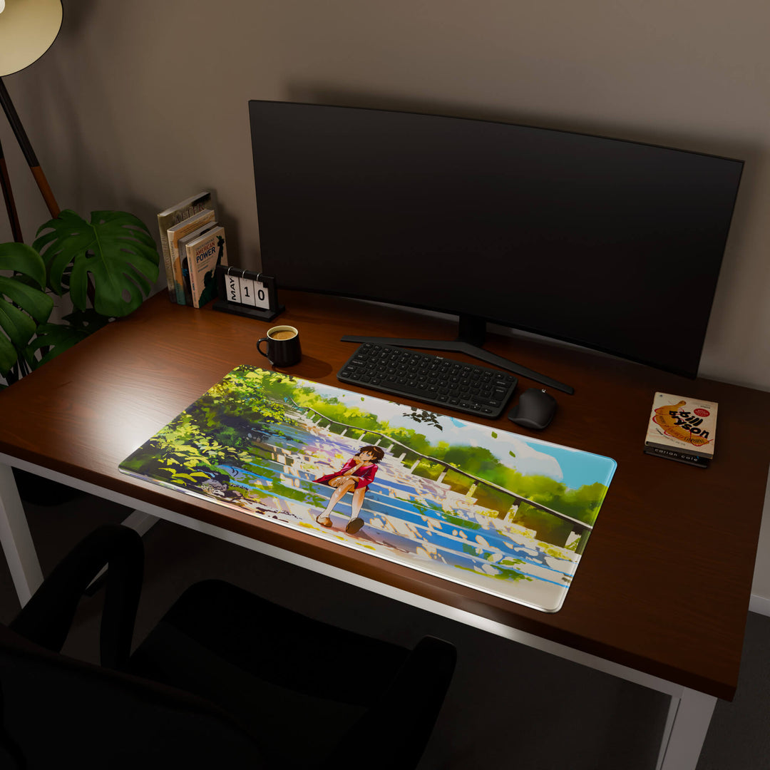 Full desktop view featuring an ultra-wide 100x50CM-39.3x19.6in large mouse pad / desk mat with 'Peaceful Lofi Girl' design, inspired by lofi and scenic anime art. Offering excellent desk protection and space, this oversized mat is ideal for multi-monitor setups or users requiring vast movement freedom.