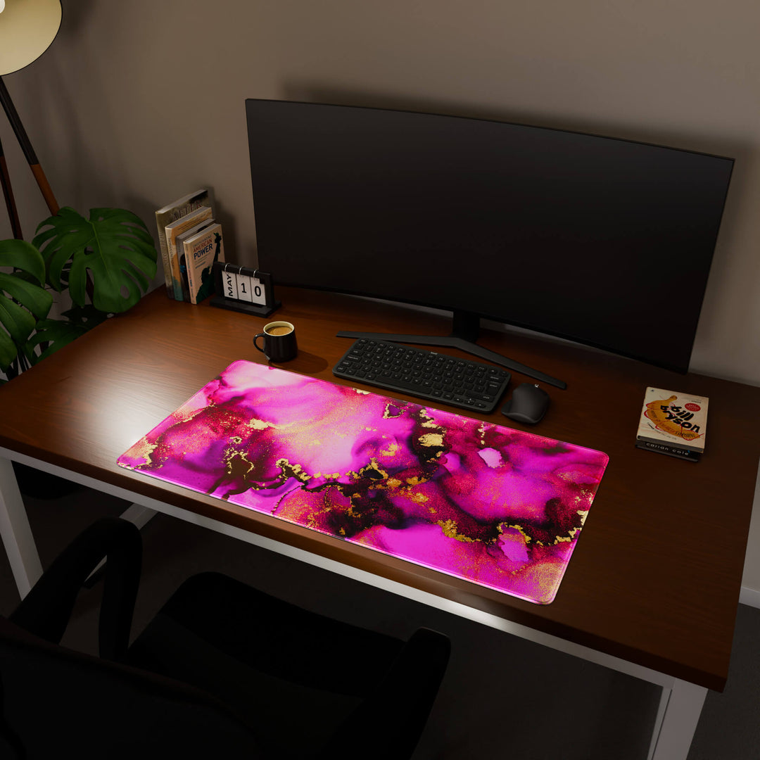 Full desktop view featuring an ultra-wide 100x50CM-39.3x19.6in large mouse pad / desk mat with 'Pink & Gold' design, inspired by pink and gold alcohol ink art. Offering excellent desk protection and space, this oversized mat is ideal for multi-monitor setups or users requiring vast movement freedom.