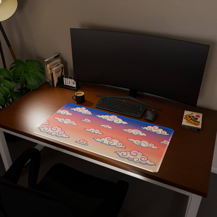 Full desktop view featuring an ultra-wide 100x50CM-39.3x19.6in large mouse pad / desk mat with 'Sunset Clouds' design, inspired by Naruto and vibrant Japanese anime art. Offering excellent desk protection and space, this oversized mat is ideal for multi-monitor setups or users requiring vast movement freedom.