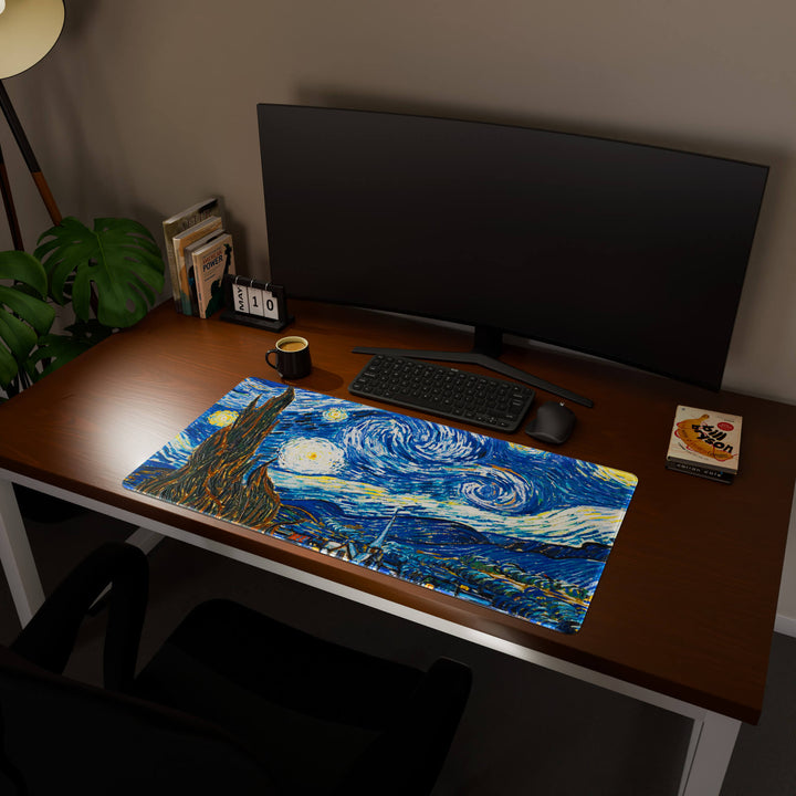 Full desktop view featuring an ultra-wide 100x50CM-39.3x19.6in large mouse pad / desk mat with 'The Starry Night' design, inspired by Van Gogh classic art. Offering excellent desk protection and space, this oversized mat is ideal for multi-monitor setups or users requiring vast movement freedom.