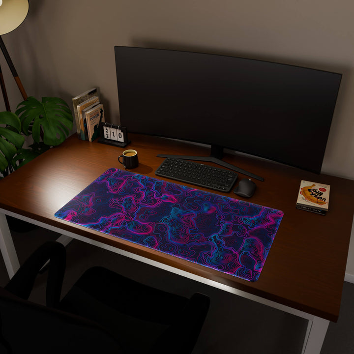 Full desktop view featuring an ultra-wide 100x50CM-39.3x19.6in large mouse pad / desk mat with 'Vaporwave Topographic' design, inspired by vibrant vaporwave and neon topographic art. Offering excellent desk protection and space, this oversized mat is ideal for multi-monitor setups or users requiring vast movement freedom.