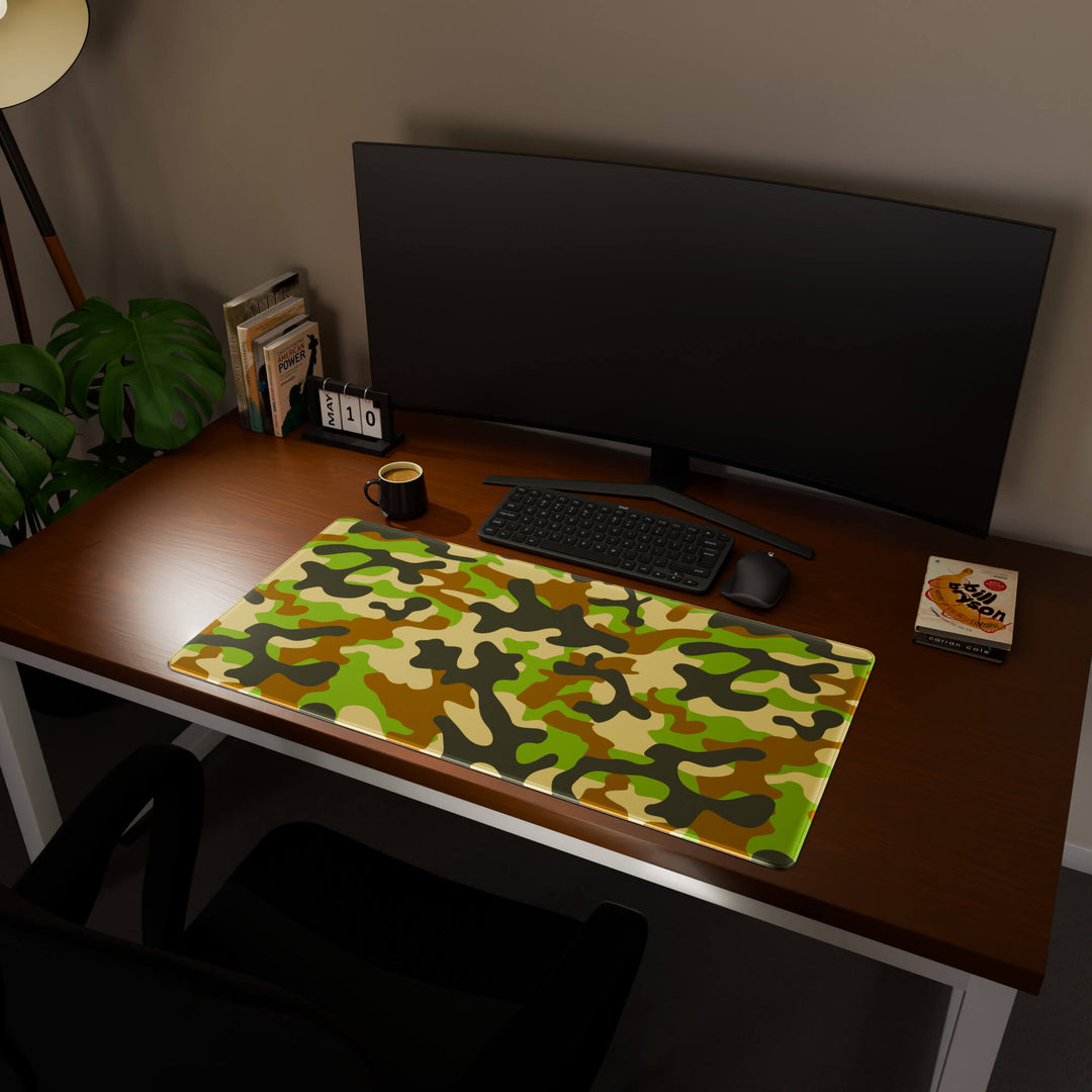 Full desktop view featuring an ultra-wide 100x50CM-39.3x19.6in large mouse pad / desk mat with 'Woodland Camo' design, inspired by a classic woodland camouflage pattern. Offering excellent desk protection and space, this oversized mat is ideal for multi-monitor setups or users requiring vast movement freedom.