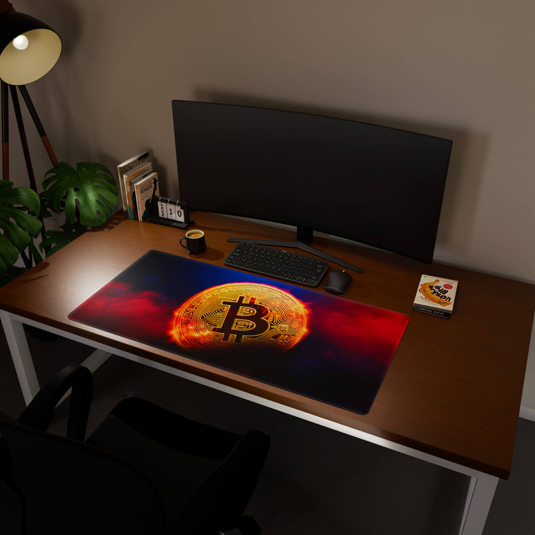 Full desktop view featuring a generously sized 120x57CM-47x22.4in large mouse pad / desk mat with 'Bitcoin' design, inspired by crypto and blockchain technology. Its ample dimensions cater to both demanding gaming and professional tasks, ensuring consistent performance and a neat workspace.
