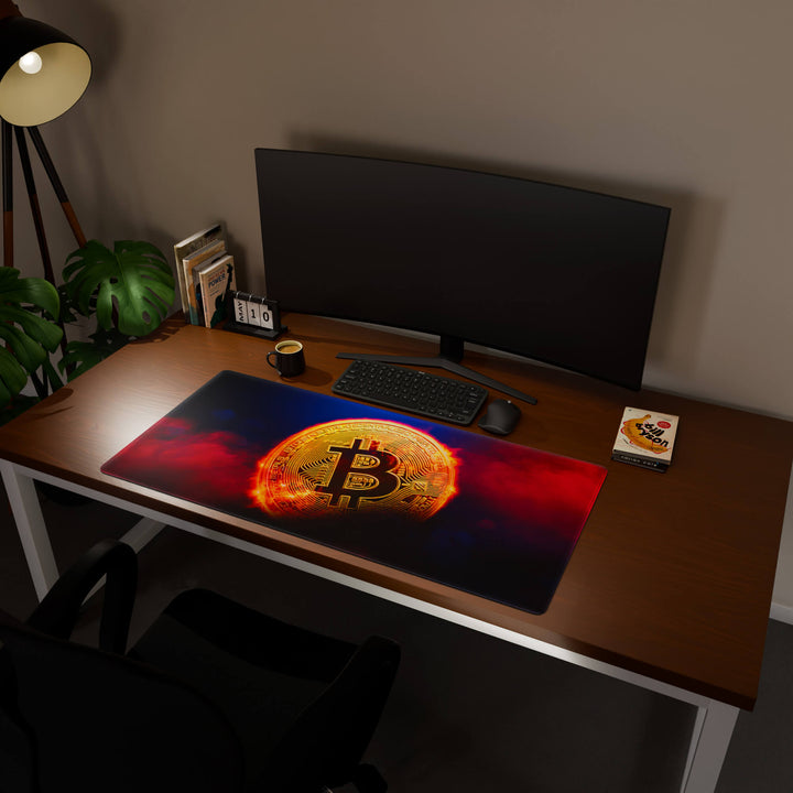 Full desktop view featuring a generously sized 120x57CM-47x22.4in large mouse pad / desk mat with 'Bitcoin' design, inspired by crypto and blockchain technology. Its ample dimensions cater to both demanding gaming and professional tasks, ensuring consistent performance and a neat workspace.