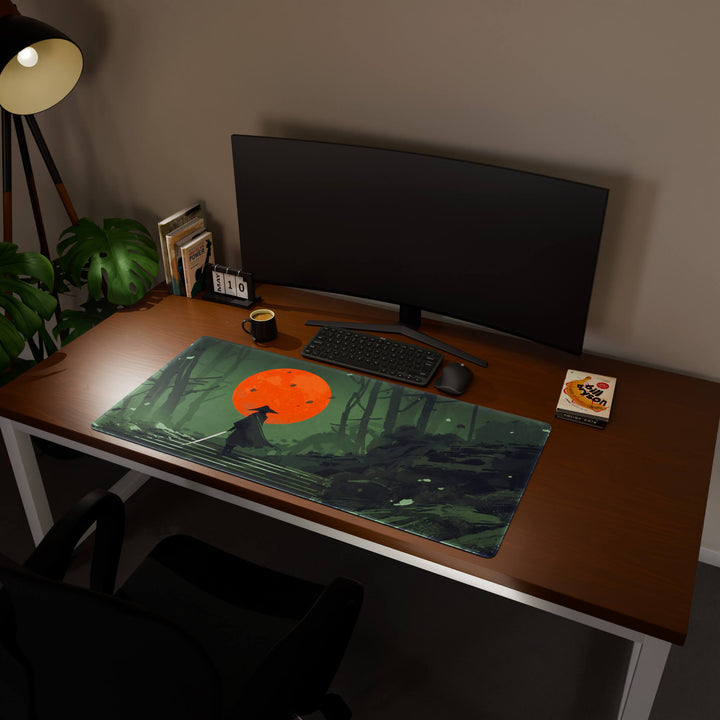 Full desktop view featuring a generously sized 120x57CM-47x22.4in large mouse pad / desk mat with 'Blood Moon Samurai' design, inspired by dark fantasy samurai art. Its ample dimensions cater to both demanding gaming and professional tasks, ensuring consistent performance and a neat workspace.