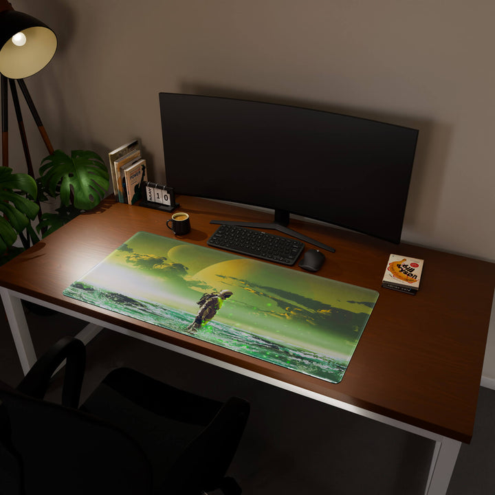Full desktop view featuring a generously sized 120x57CM-47x22.4in large mouse pad / desk mat with 'Cosmic Explorer' design, inspired by cyberpunk and sci-fi space art. Its ample dimensions cater to both demanding gaming and professional tasks, ensuring consistent performance and a neat workspace.