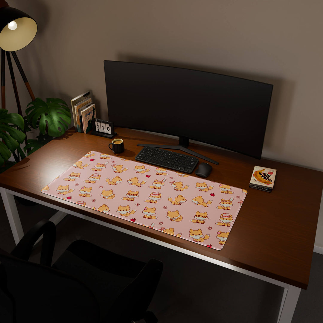 Full desktop view featuring a generously sized 120x57CM-47x22.4in large mouse pad / desk mat with 'Kawaii Fox' design, inspired by cute kawaii pink animal art. Its ample dimensions cater to both demanding gaming and professional tasks, ensuring consistent performance and a neat workspace.