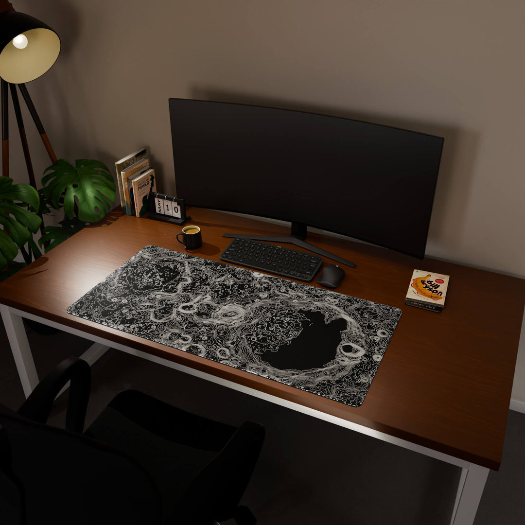 Full desktop view featuring a generously sized 120x57CM-47x22.4in large mouse pad / desk mat with 'Lunar Topographic' design, inspired by minimalist lunar surface art. Its ample dimensions cater to both demanding gaming and professional tasks, ensuring consistent performance and a neat workspace.