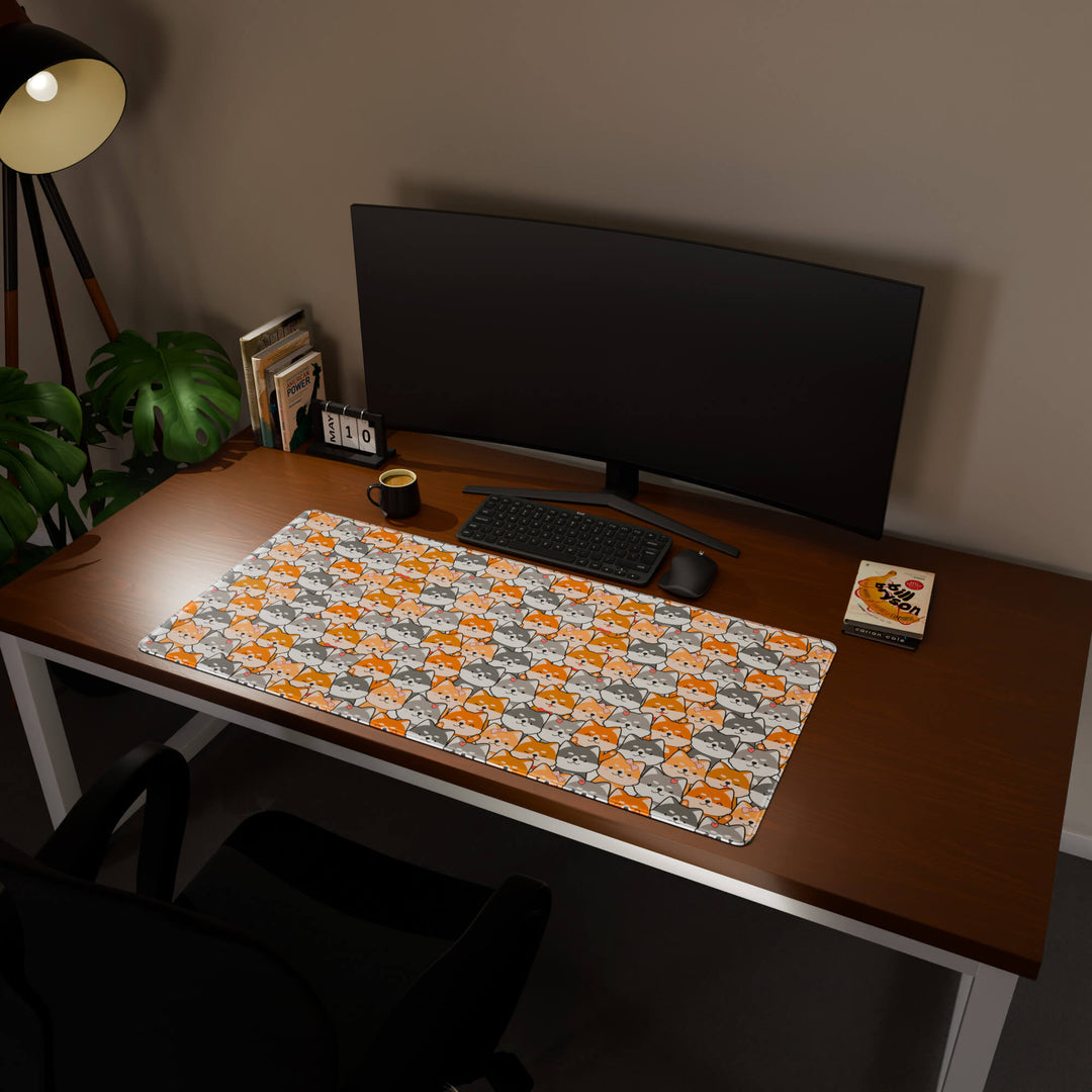 Full desktop view featuring a generously sized 120x57CM-47x22.4in large mouse pad / desk mat with 'Miniature Pups' design, inspired by a cute kawaii dog pattern. Its ample dimensions cater to both demanding gaming and professional tasks, ensuring consistent performance and a neat workspace.