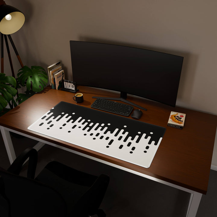 Full desktop view featuring a generously sized 120x57CM-47x22.4in large mouse pad / desk mat with 'Monochrome Drip' design, inspired by black and white minimalist art. Its ample dimensions cater to both demanding gaming and professional tasks, ensuring consistent performance and a neat workspace.