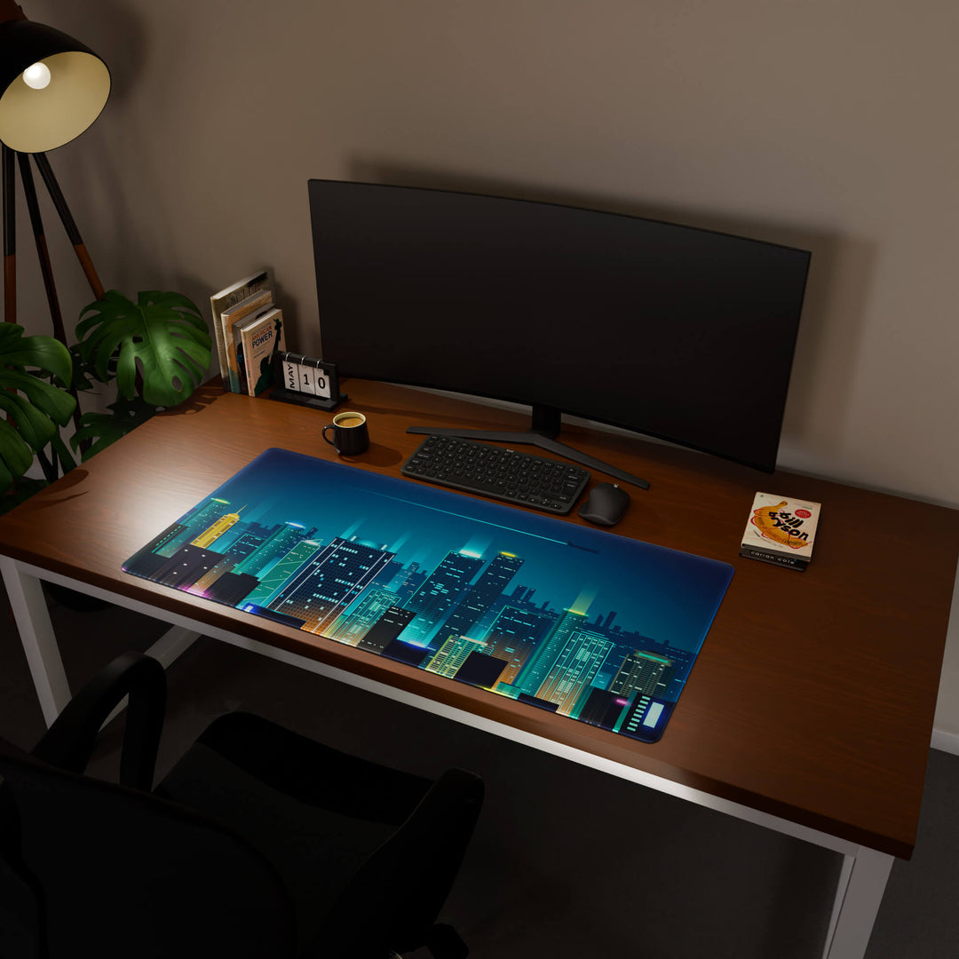 Full desktop view featuring a generously sized 120x57CM-47x22.4in large mouse pad / desk mat with 'Neon City' design, inspired by cyberpunk cityscape art. Its ample dimensions cater to both demanding gaming and professional tasks, ensuring consistent performance and a neat workspace.