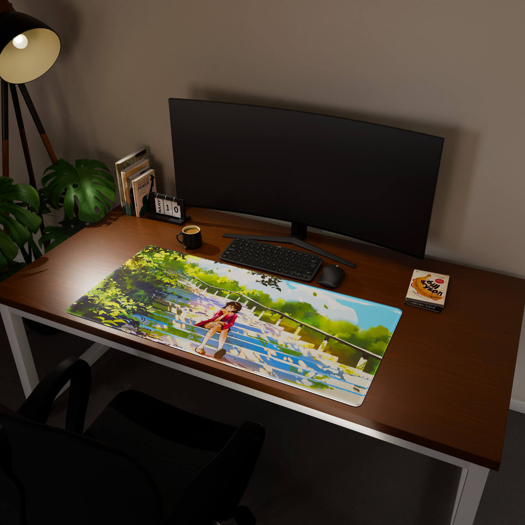 Full desktop view featuring a generously sized 120x57CM-47x22.4in large mouse pad / desk mat with 'Peaceful Lofi Girl' design, inspired by lofi and scenic anime art. Its ample dimensions cater to both demanding gaming and professional tasks, ensuring consistent performance and a neat workspace.