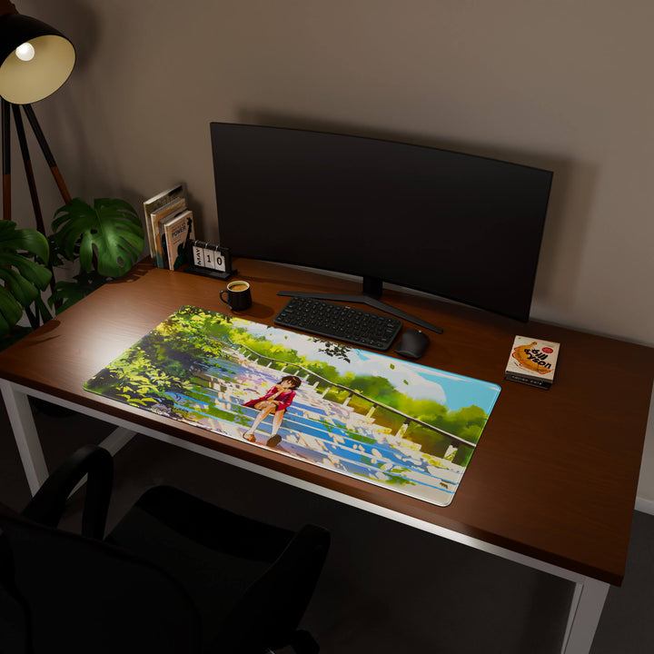 Full desktop view featuring a generously sized 120x57CM-47x22.4in large mouse pad / desk mat with 'Peaceful Lofi Girl' design, inspired by lofi and scenic anime art. Its ample dimensions cater to both demanding gaming and professional tasks, ensuring consistent performance and a neat workspace.