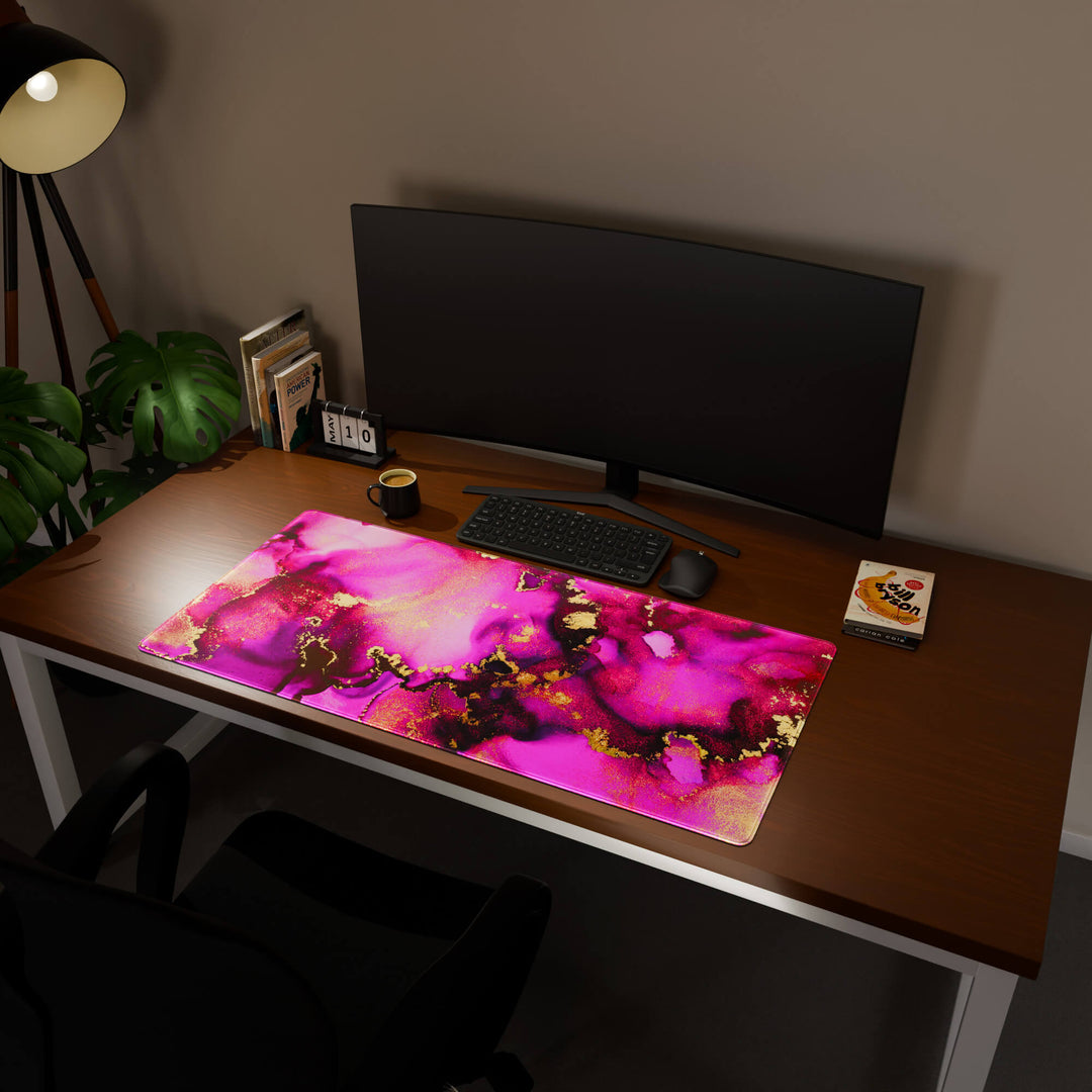 Full desktop view featuring a generously sized 120x57CM-47x22.4in large mouse pad / desk mat with 'Pink & Gold' design, inspired by pink and gold alcohol ink art. Its ample dimensions cater to both demanding gaming and professional tasks, ensuring consistent performance and a neat workspace.