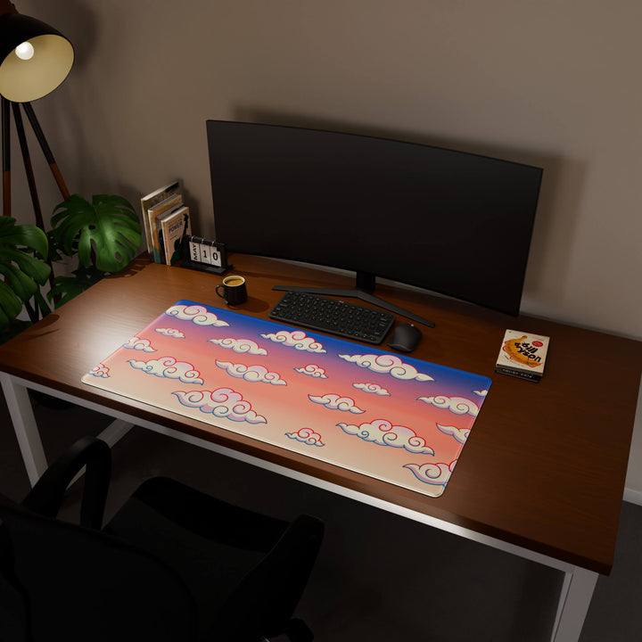 Full desktop view featuring a generously sized 120x57CM-47x22.4in large mouse pad / desk mat with 'Sunset Clouds' design, inspired by Naruto and vibrant Japanese anime art. Its ample dimensions cater to both demanding gaming and professional tasks, ensuring consistent performance and a neat workspace.