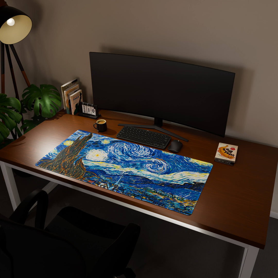 Full desktop view featuring a generously sized 120x57CM-47x22.4in large mouse pad / desk mat with 'The Starry Night' design, inspired by Van Gogh classic art. Its ample dimensions cater to both demanding gaming and professional tasks, ensuring consistent performance and a neat workspace.