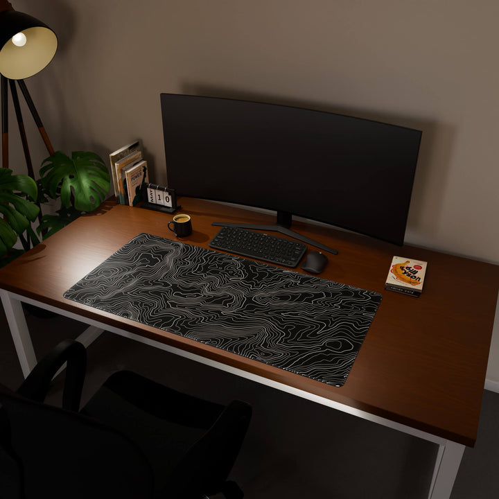 Full desktop view featuring a generously sized 120x57CM-47x22.4in large mouse pad / desk mat with 'Classic Topographic' design, inspired by minimalist topographic line art. Its ample dimensions cater to both demanding gaming and professional tasks, ensuring consistent performance and a neat workspace.